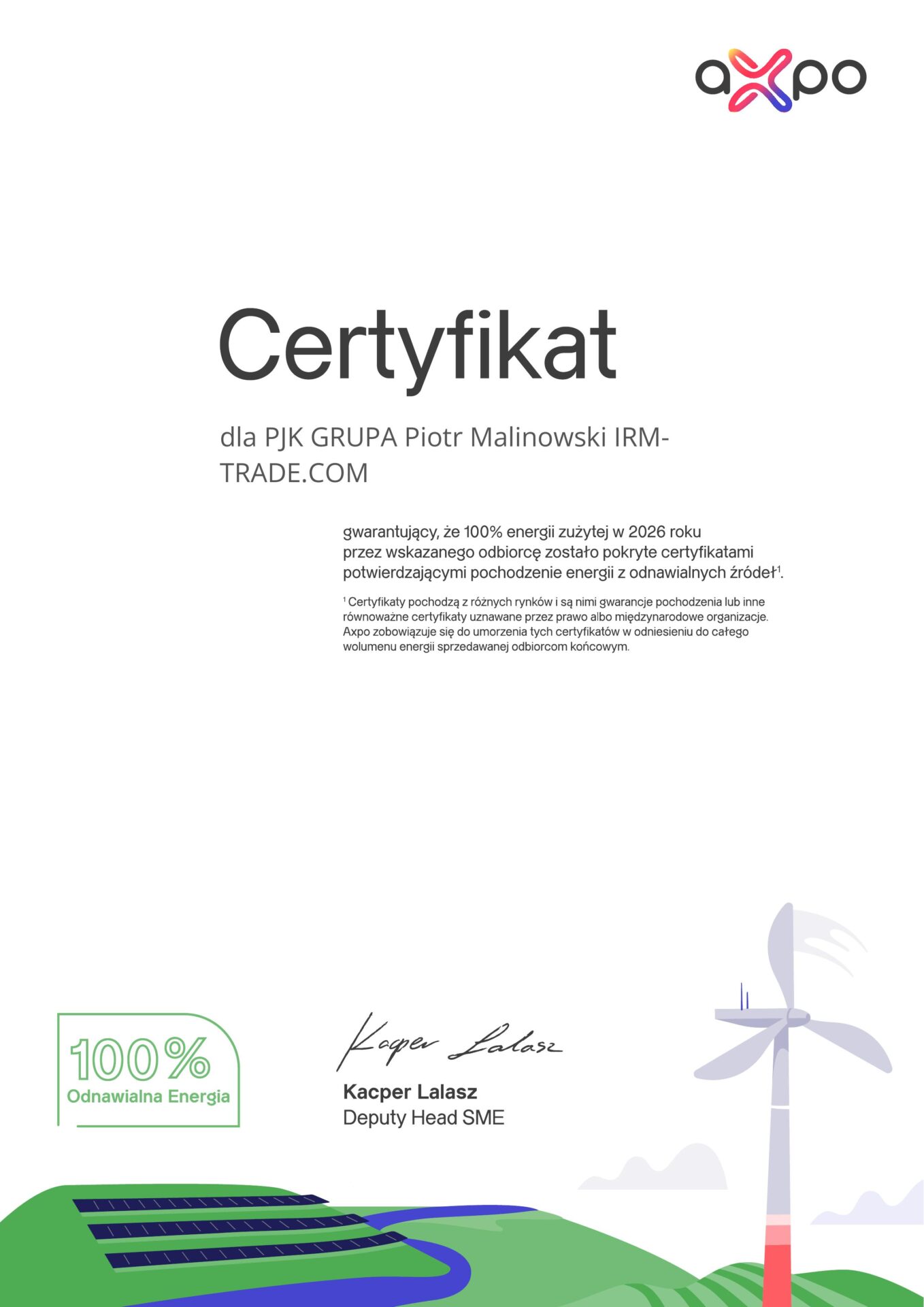 Certyfikat energii odnawialnej dla PJK GRUPA Piotr Malinowski IRM-TRADE.COM